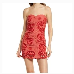 Free People Strapless Coral Floral Appliqué Mini Dress